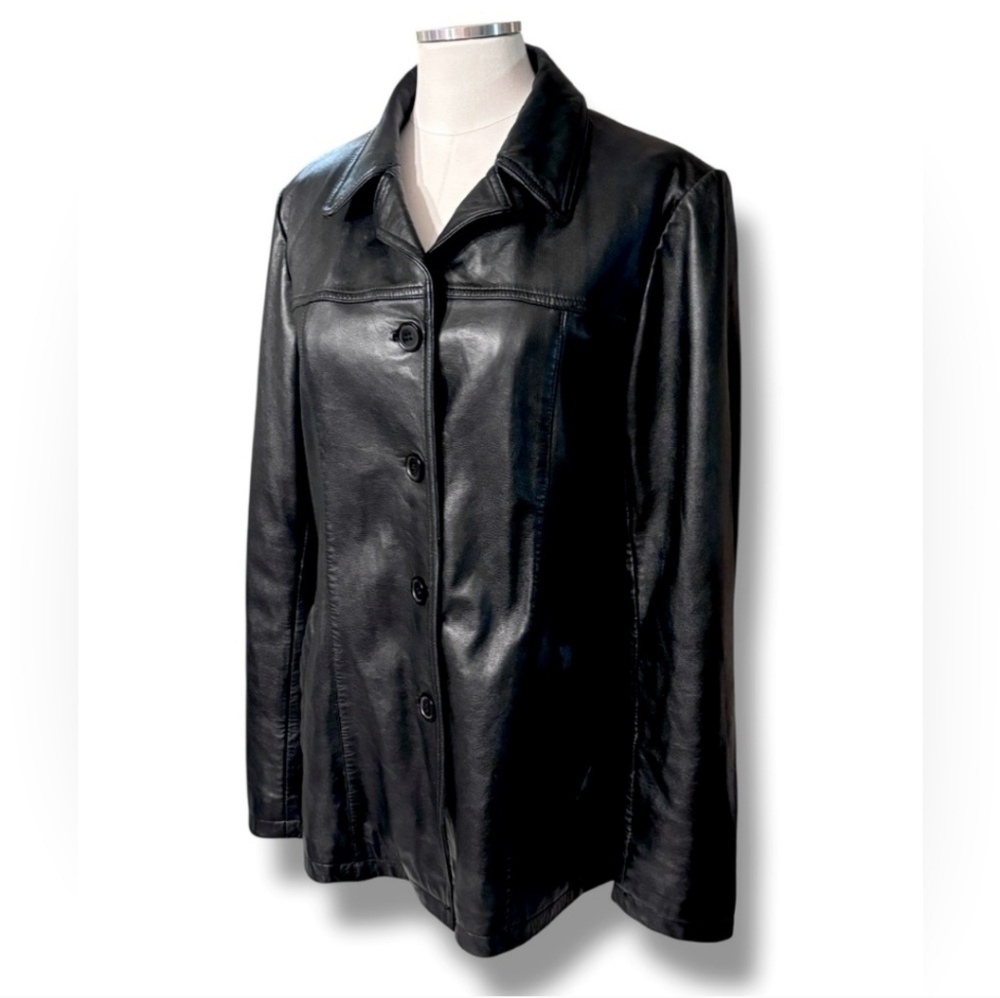 AMJUN by A. J. GLOBAL Black Leather Button Front Jacket VINTAGE